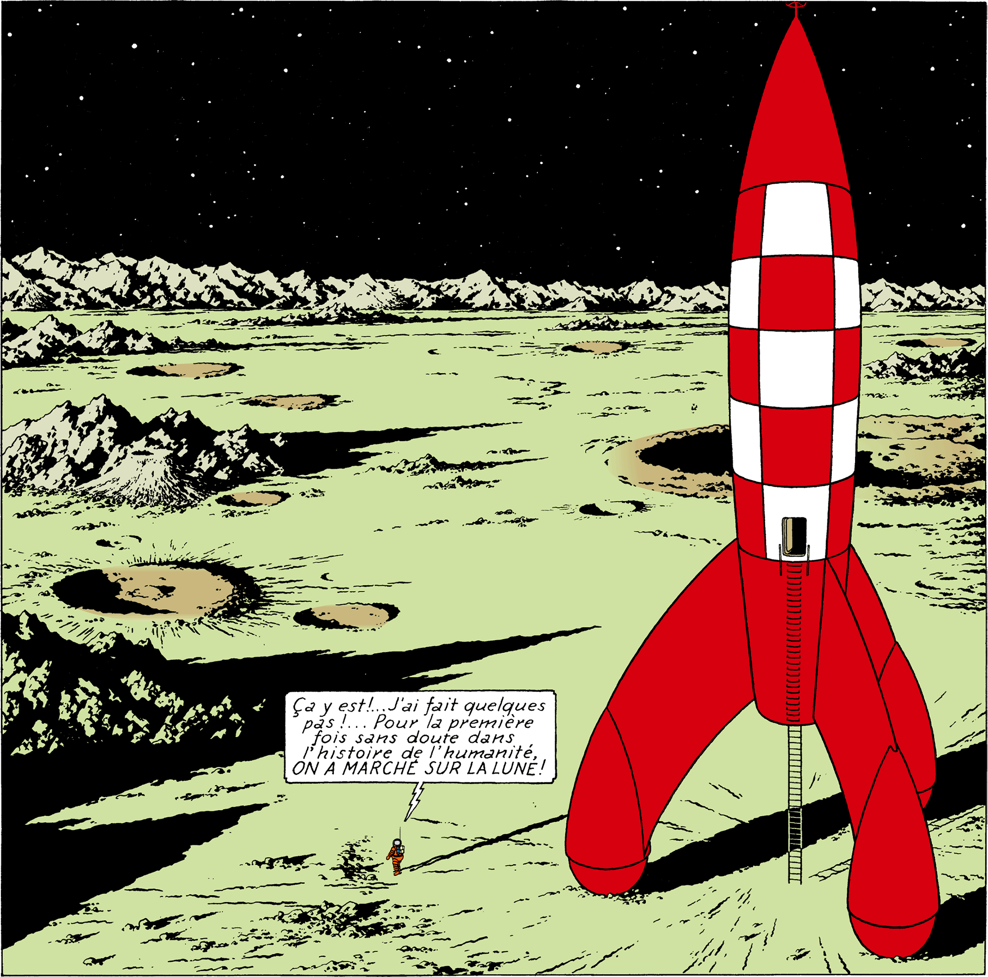 Tintin and the rocket on the Moon